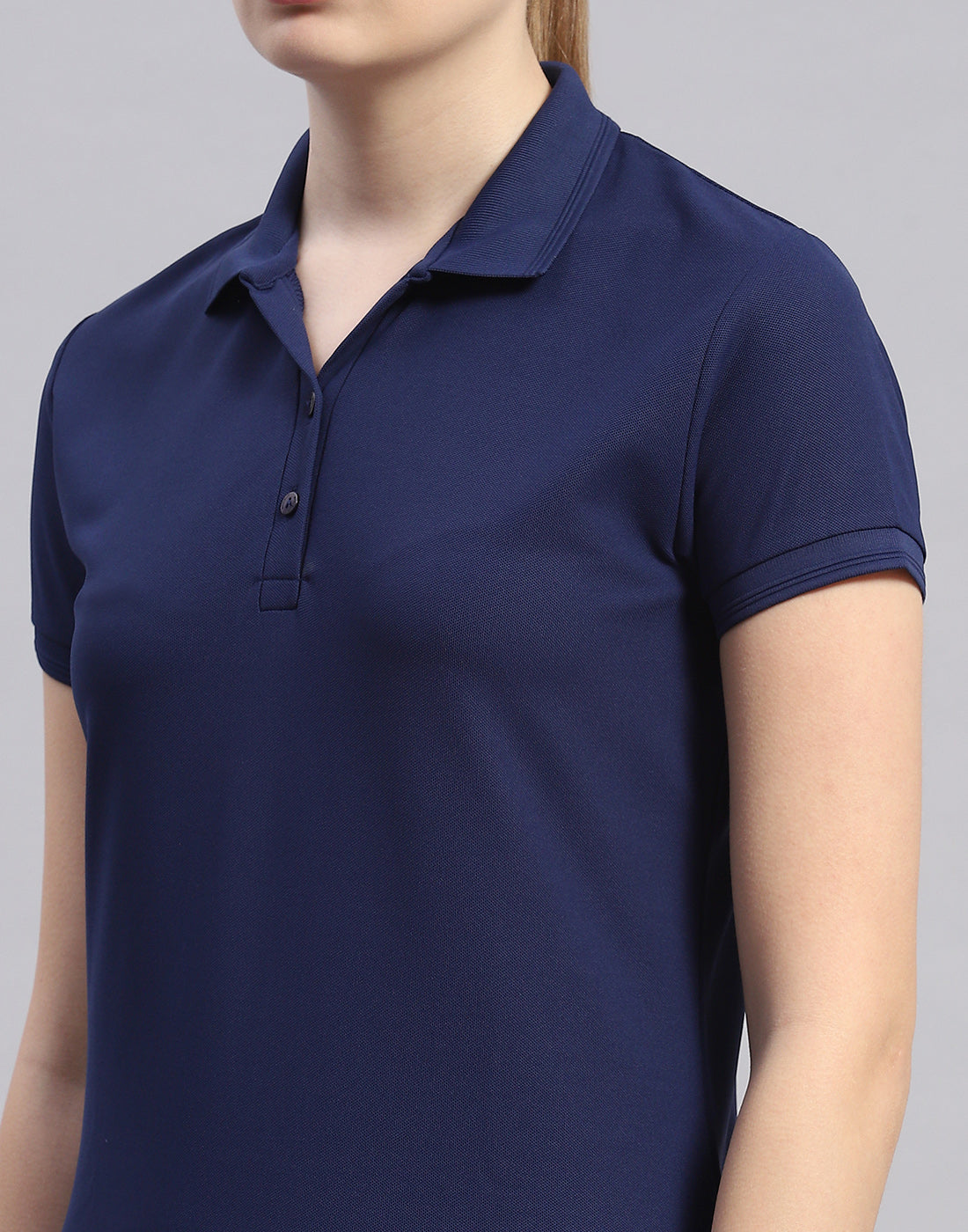 Women Navy Blue Solid Polo Collar Half Sleeve T-Shirt