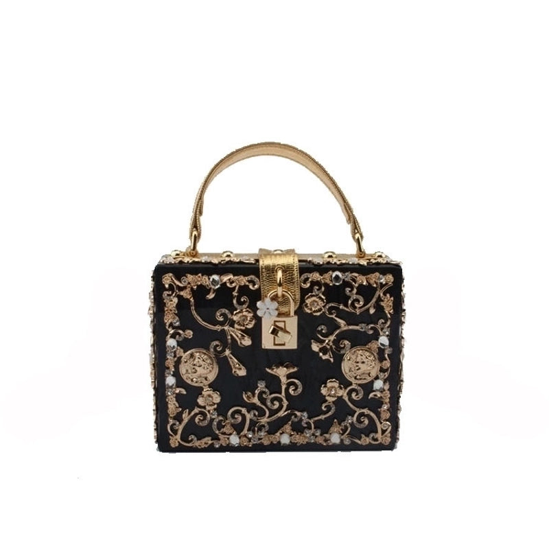 Black White Gold Arylic Flower Hollow Square Evening Bags