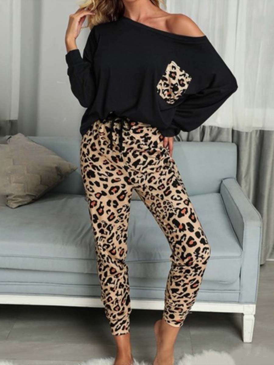 Leopard Pocket Off-shoulder Two Sets