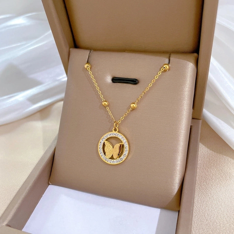 Minimalist Circle Letter Butterfly Titanium Steel Plating Inlay Rhinestones Necklace