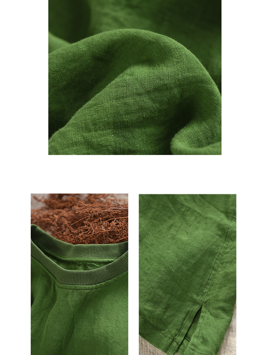 Women Casual Summer O-Neck Pure Color 100%Linen Shirt