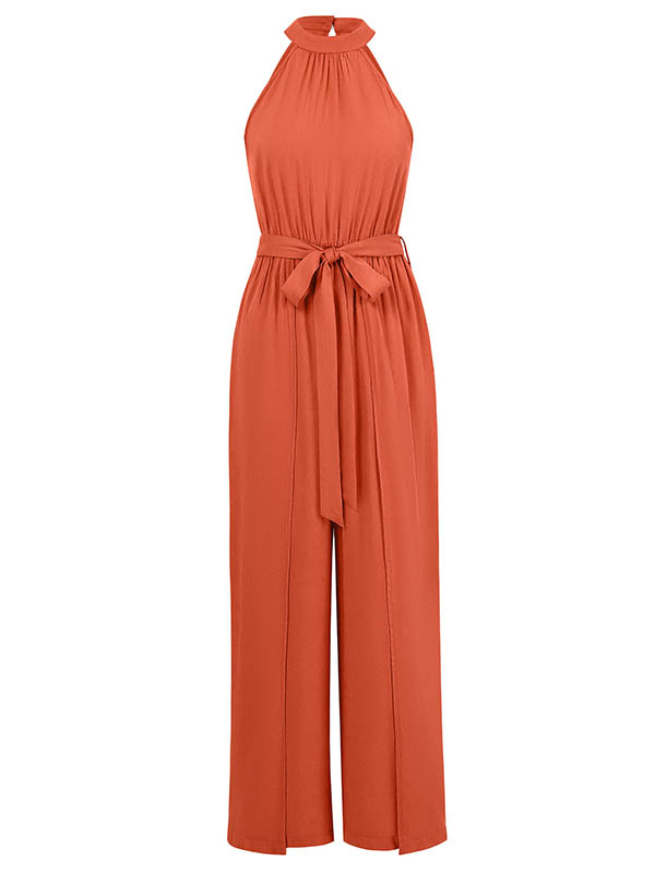 High Waisted Loose Pleated Solid Color Split-Front Tied Waist Halter-Neck Jumpsuits