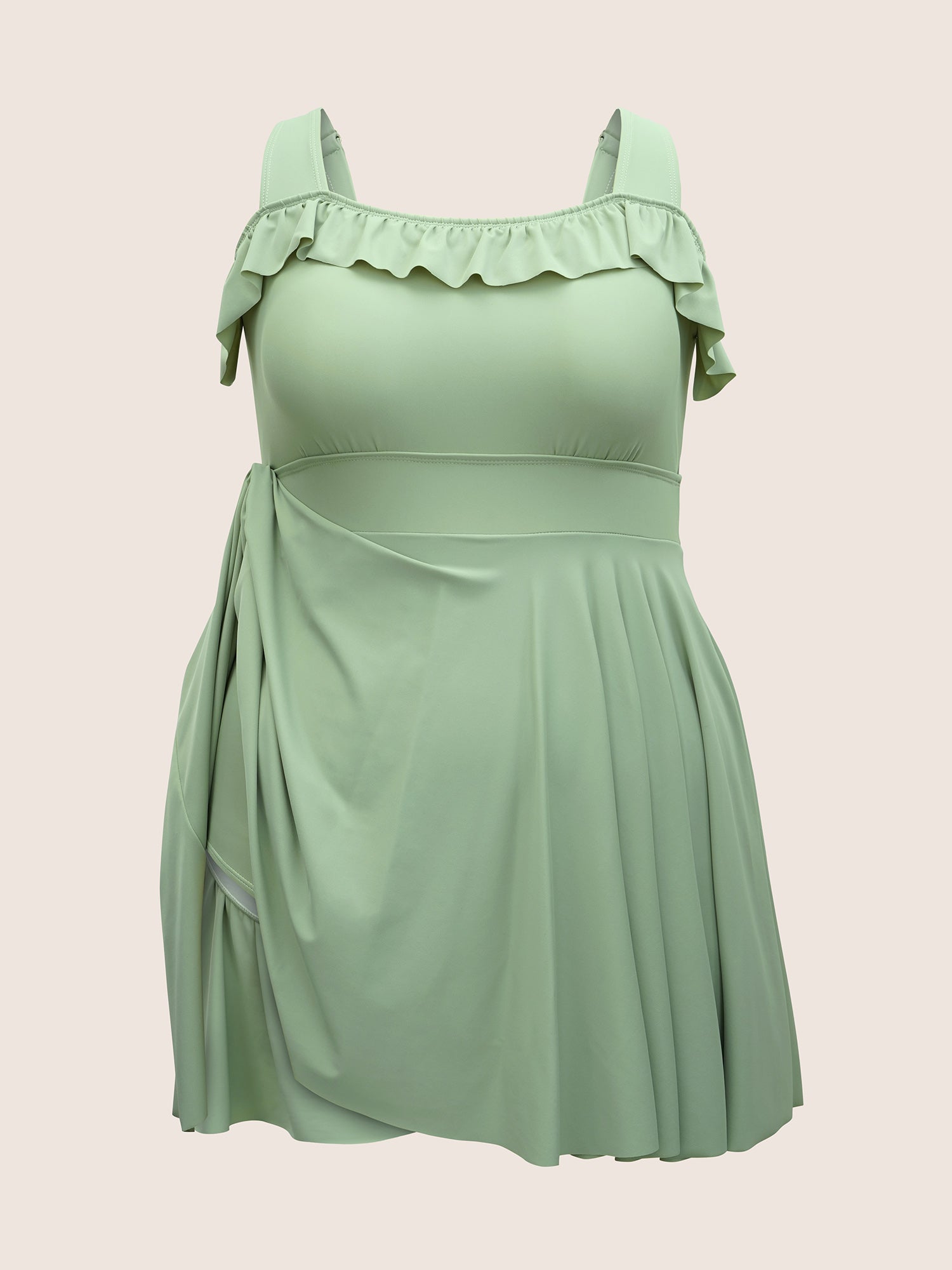 Solid Ruffles Gathered Adjustable Straps Swim Dress