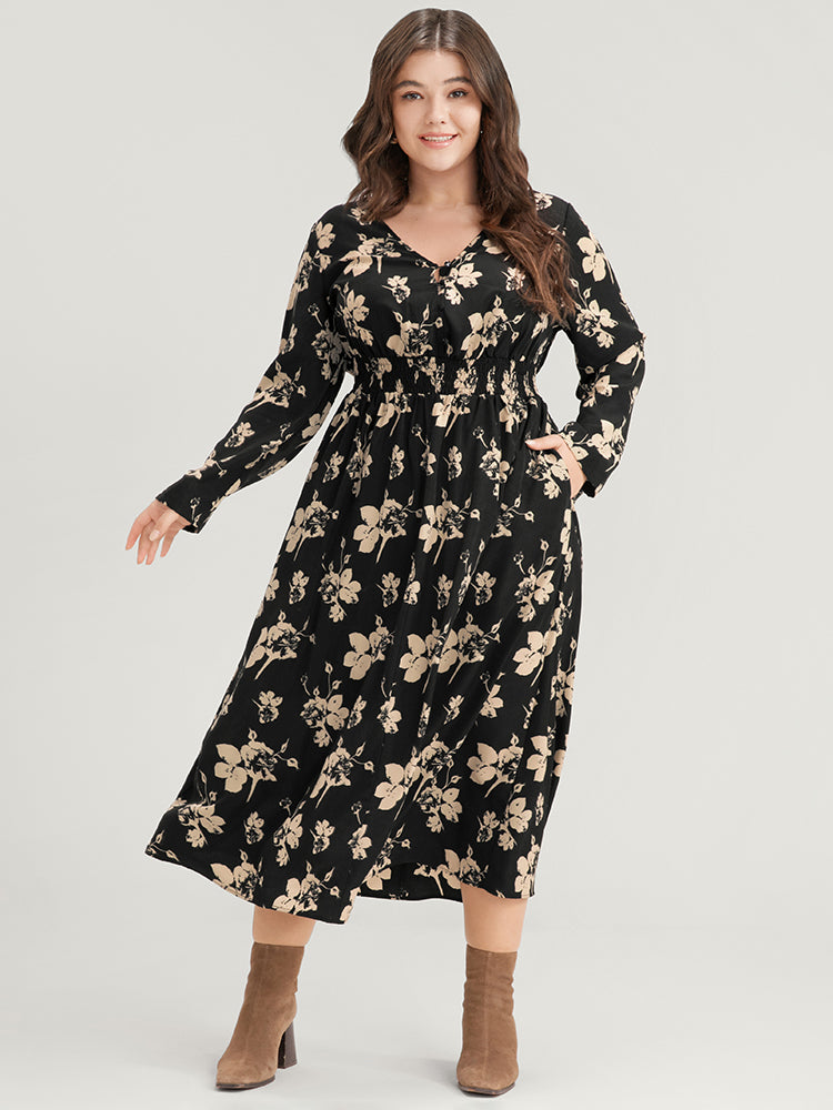 Floral V Neck Button Pocket Shirred Midi Dress