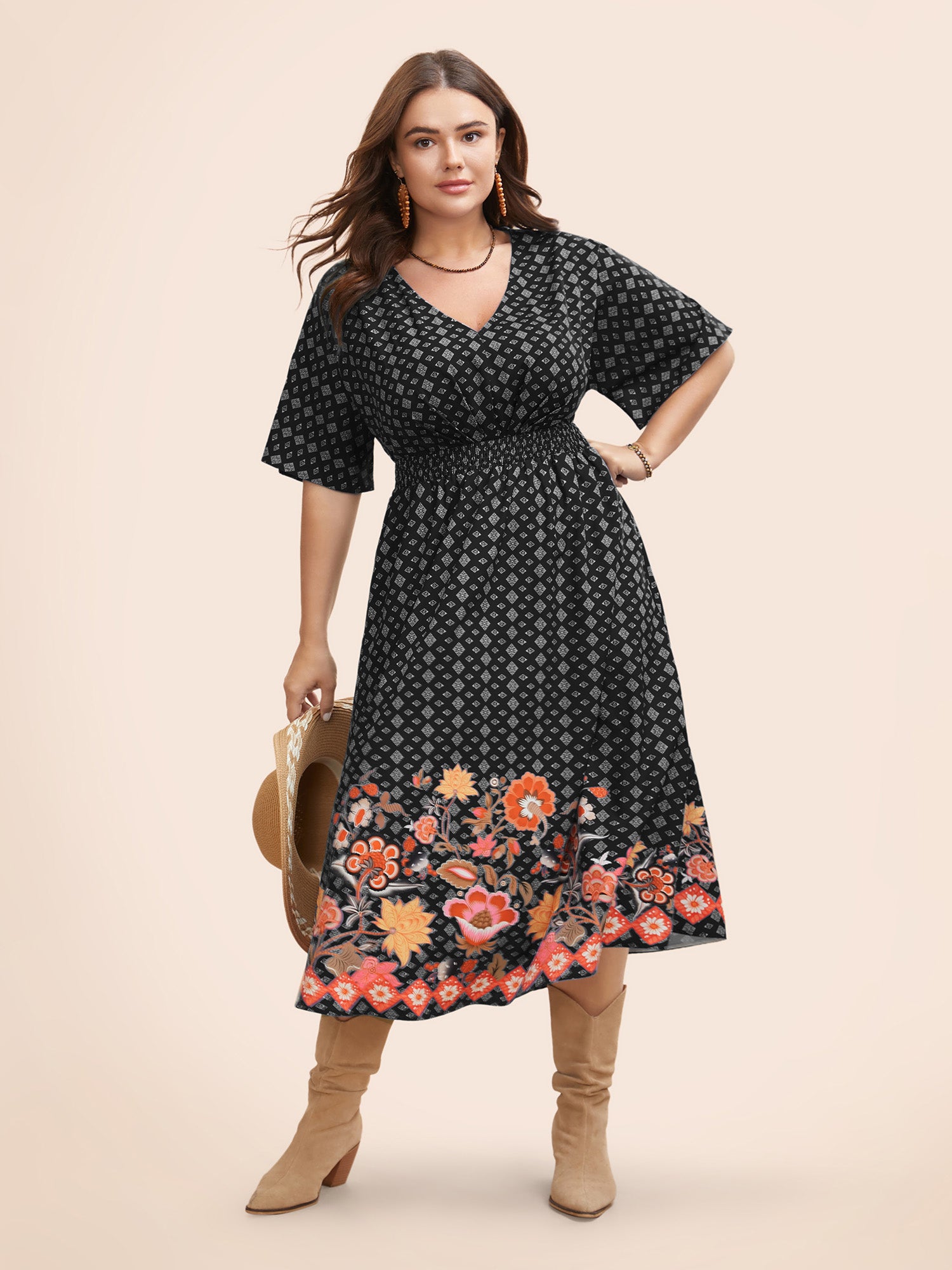 Boho Print Shirred Pleated Dolman Sleeve Dress