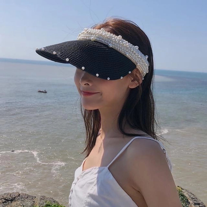 Women's Minimalist Classic Style Color Block Pearl Wide Eaves Sun Hat