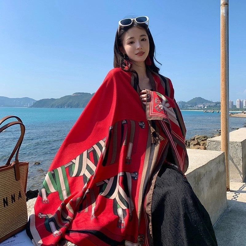 Ethnic Style Shawl Scarf Dual-use Sun Protection By The Sea Beach Scarf Red Large Gauze Scarf Female Desert Travel Photography Summer