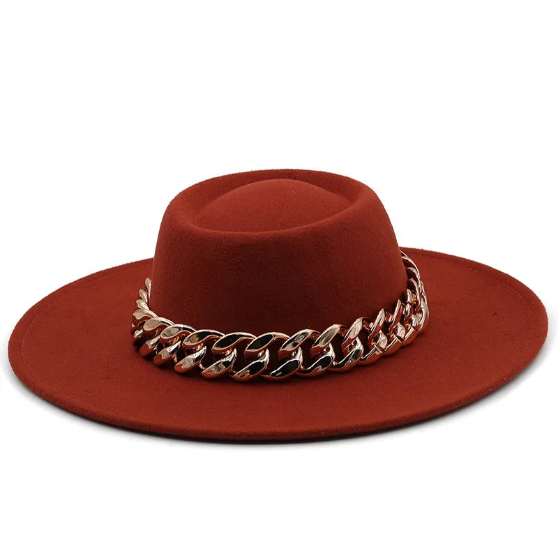 New Retro Ethnic Style 9.5 Brim Wool Woolen Felt Hat Concave Top Men's And Women's Top Hat Large Brim Thick Gold Chain Hat