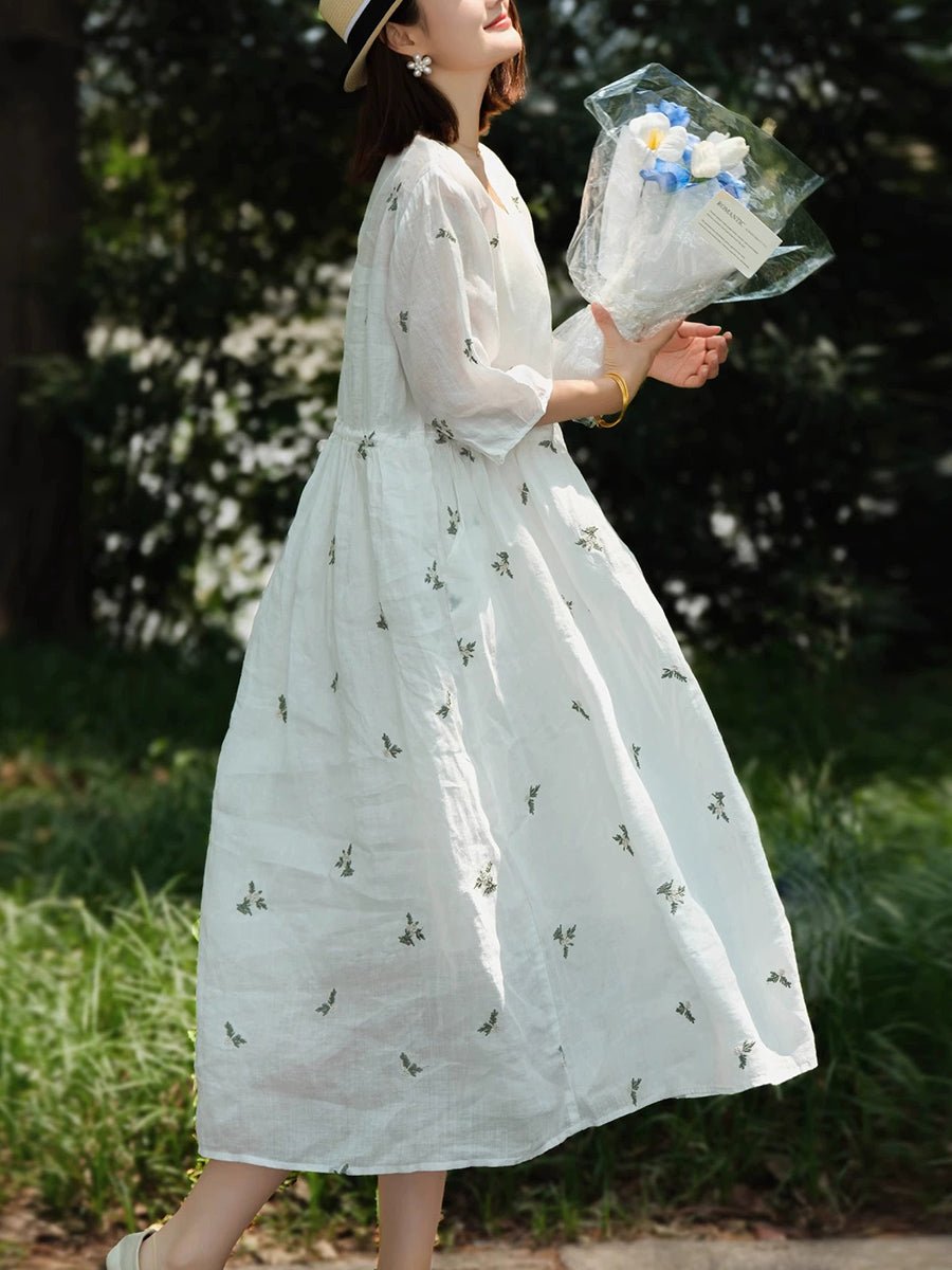 Women Summer Artsy Flower V-Neck 100%Ramie Dress