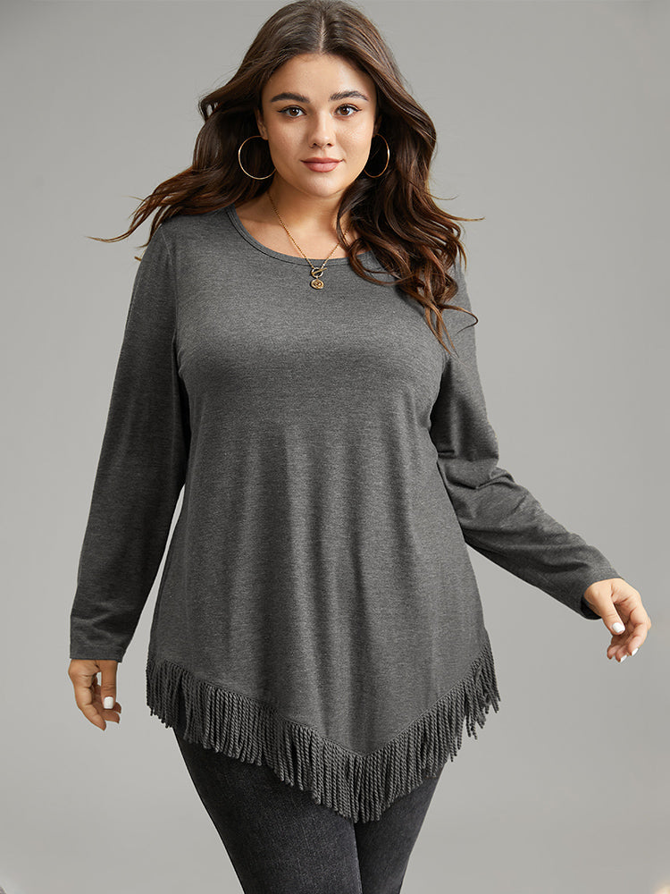 Plain Tassels Trim Hem Long Sleeve T-shirt