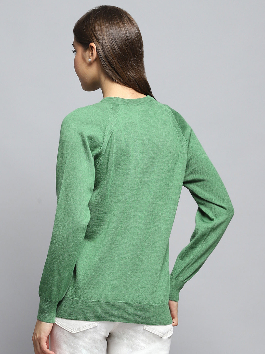 Women Green Solid Round Neck Full Sleeve Cardigan