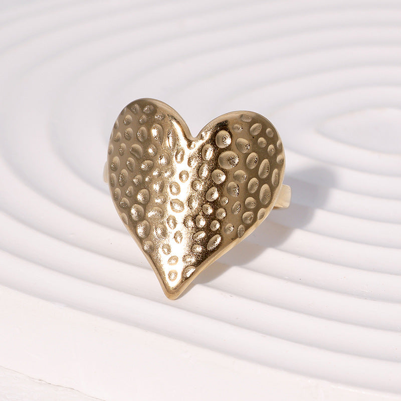 Fashion Hammer Pattern Heart-Shaped Index Finger Ring Personality Niche Cute Sweet Simple Stainless Steel Ring