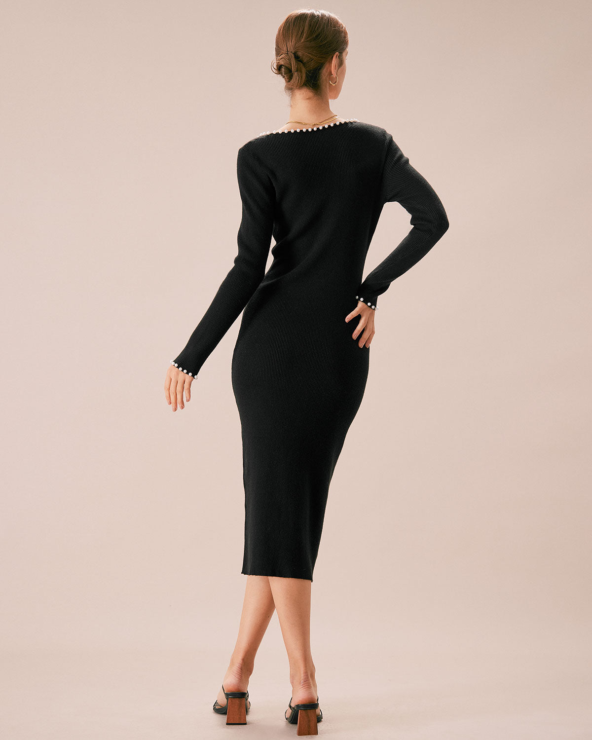 The Black Pearl Trim Bodycon Knit Midi Dress