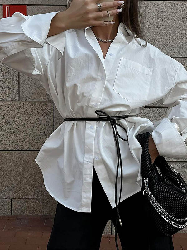 Long Sleeves Loose Buttoned Pockets Solid Color Lapel Blouses&Shirts Tops
