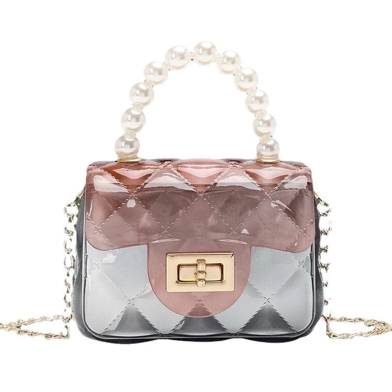 Women's Small PVC Color Block Cute Beading Square Lock Clasp Crossbody Bag Jelly Bag
