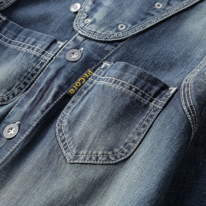 Vintage Stand Collar Denim Long Sleeve Shirt