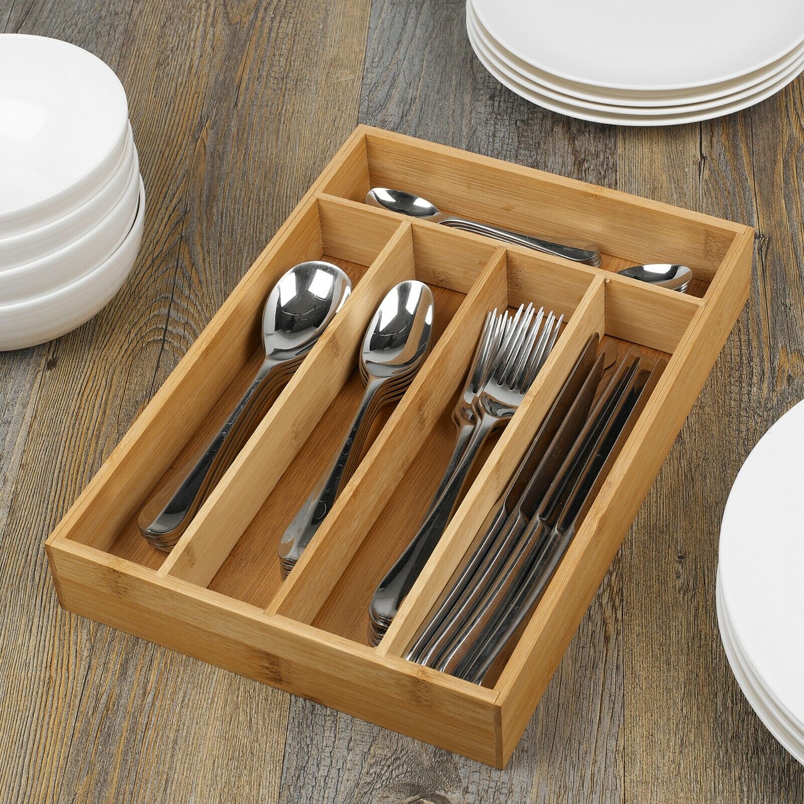 5 Compartment Bamboo Cutlery Tray. Kitchen Drawer Utensils Holder. Wooden Knife Fork Spoon Organizer Case