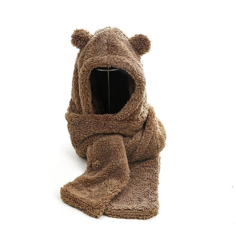 Autumn And Winter Lamb Velvet Padded Cute Bear Ears Hat Scarf Warm Scarf One-piece Warm Rabbit Hat
