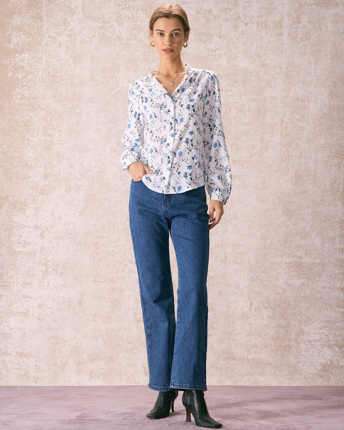 The White Mock Neck Leaf Print Button Shirt