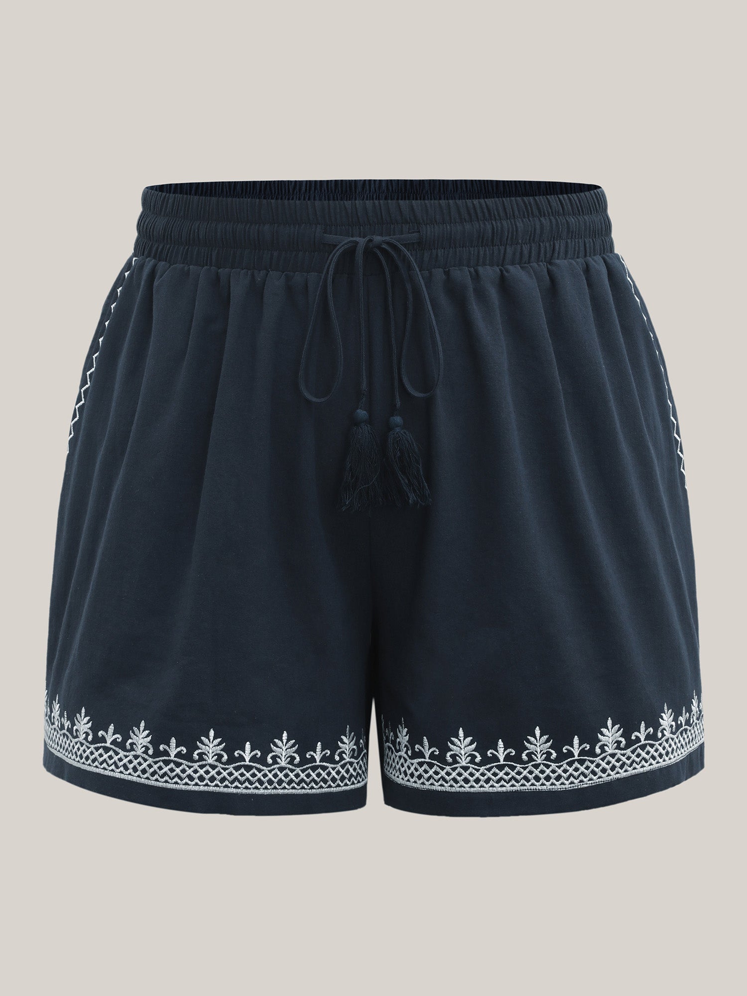 Cotton Embroidered Hem Wide-Leg Solid Shorts