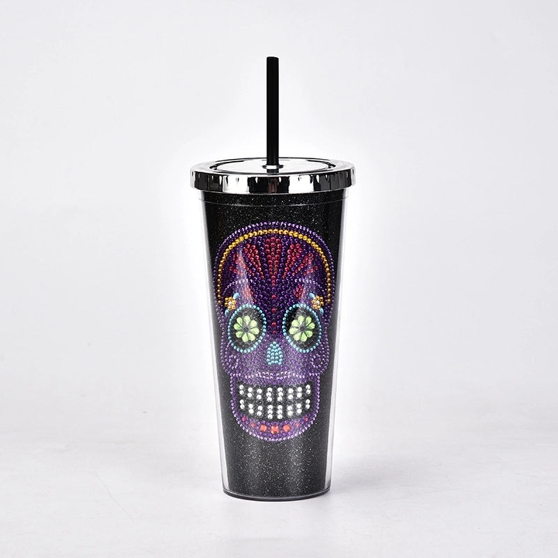 New Double-layer Plastic Straw Cup Creative Halloween Skull Head Large Capacity Drink Cup