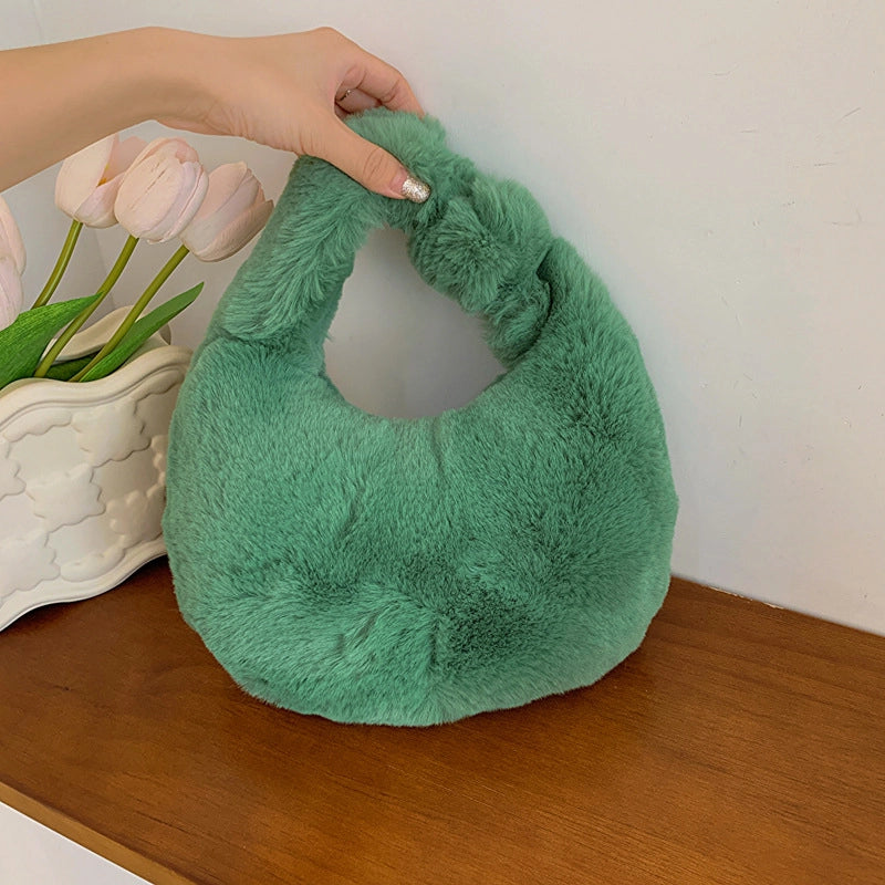 Women's Small All Seasons Plush Solid Color Streetwear Dumpling Shape Zipper Handbag