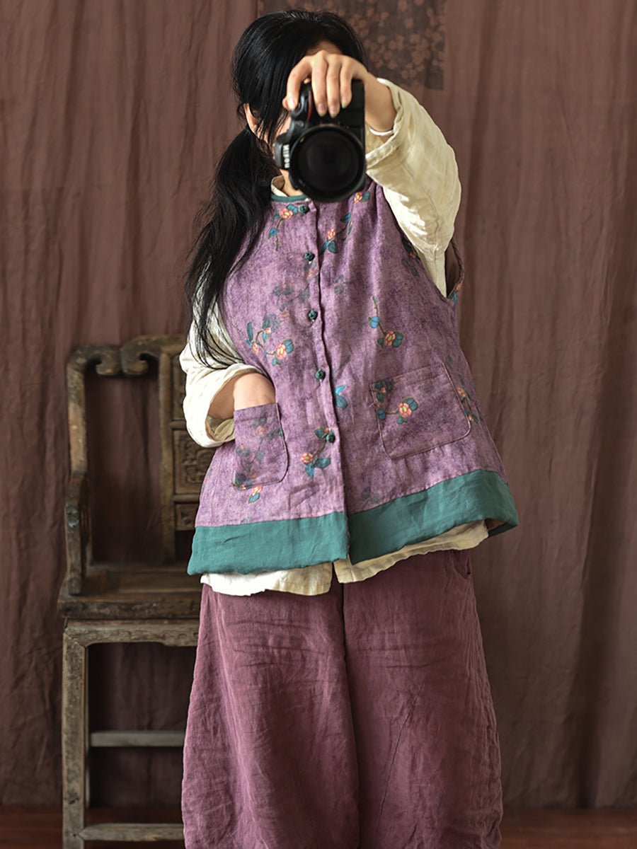 Women Ethnic Flower Print Spliced Warm Vest Coat