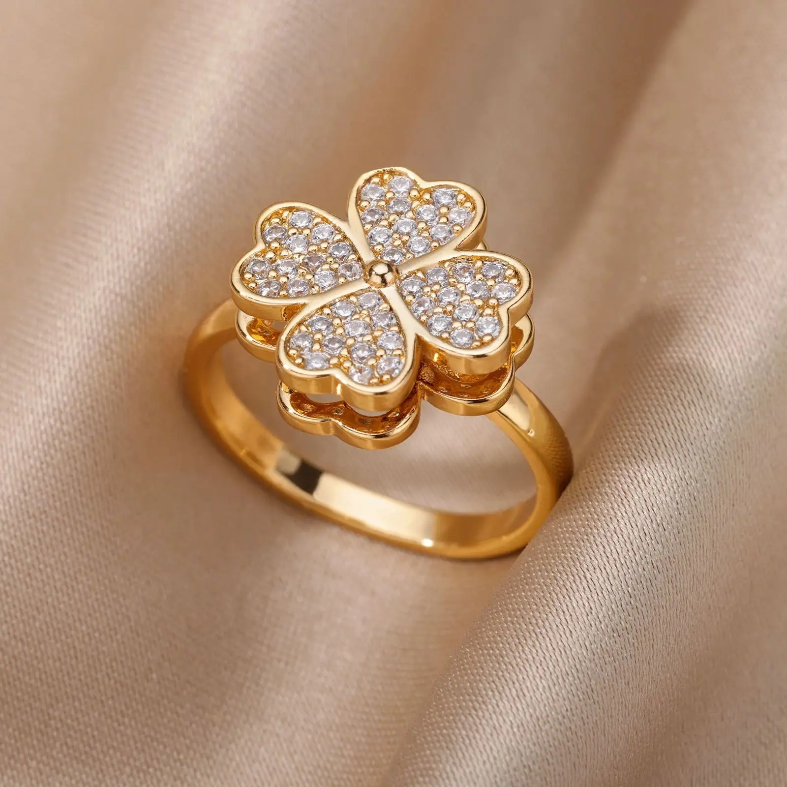 New Zircon Rotatable Four Leaf Clover Anxiety Rings For Women Anti-stress Fidget Spinner Adjustable Ring Aesthetic Jewelry Gift