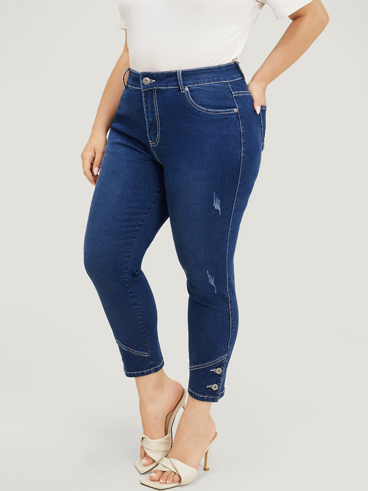Very Stretchy High Rise Dark Wash Button Hem Jeans