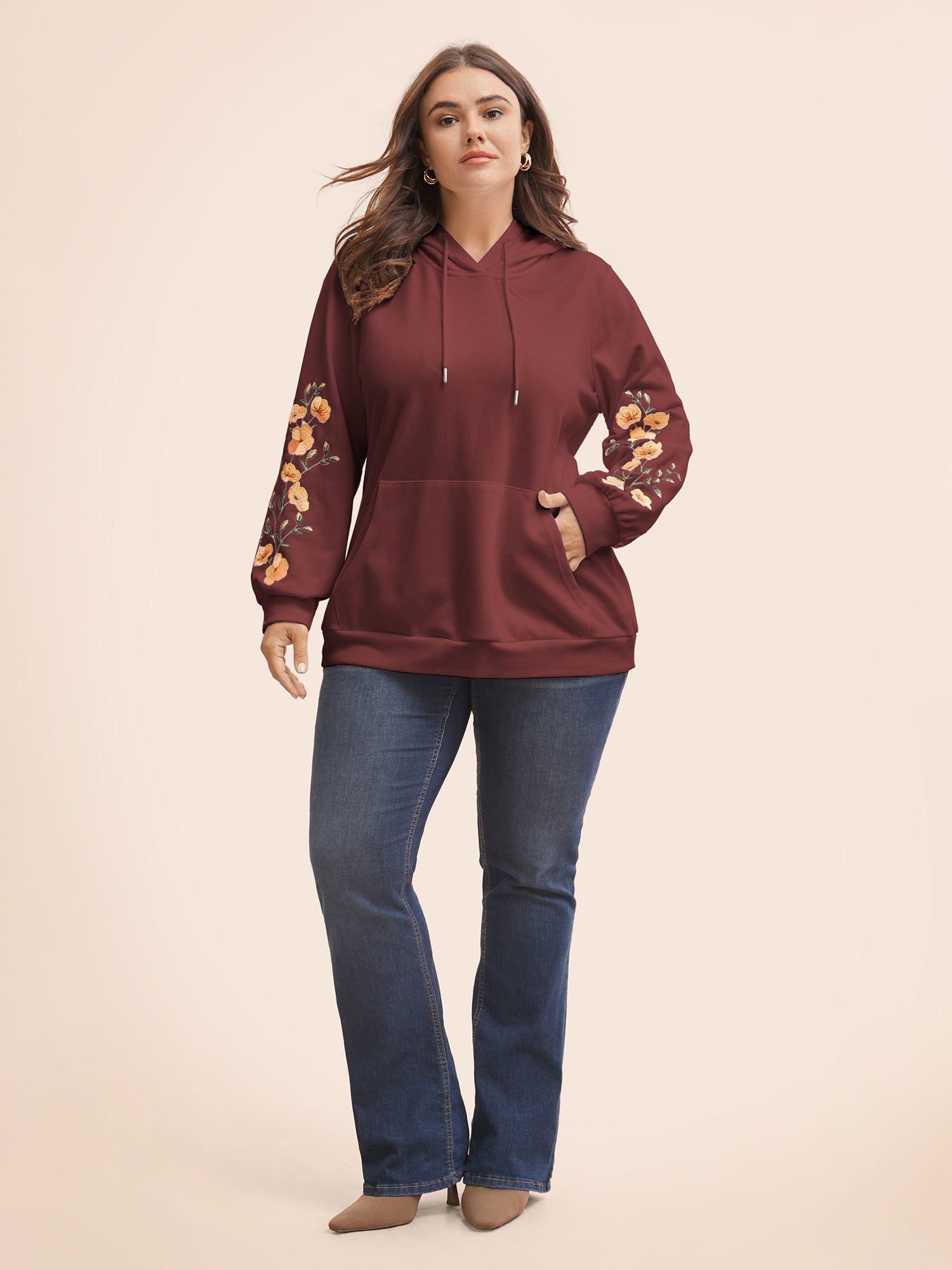 Floral Embroidered Hooded Drawstring Sweatshirt