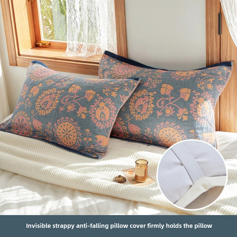 Four-layer Cotton Gauze Pillow Towel Elastic Band Fixed Anti-shedding Adult Pillow Turban Season Couple Cover Towel