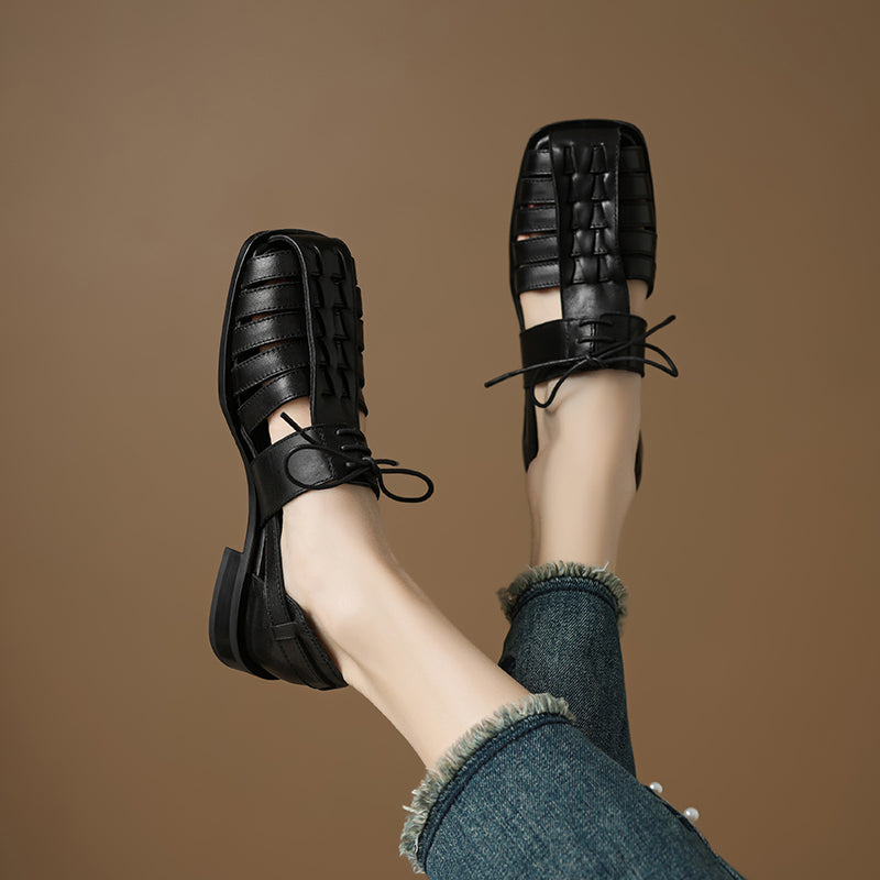 Designer Lace-Up Genuine Leather T-Strap Gladiator Fisherman Sandals for Women in Apricot/Black