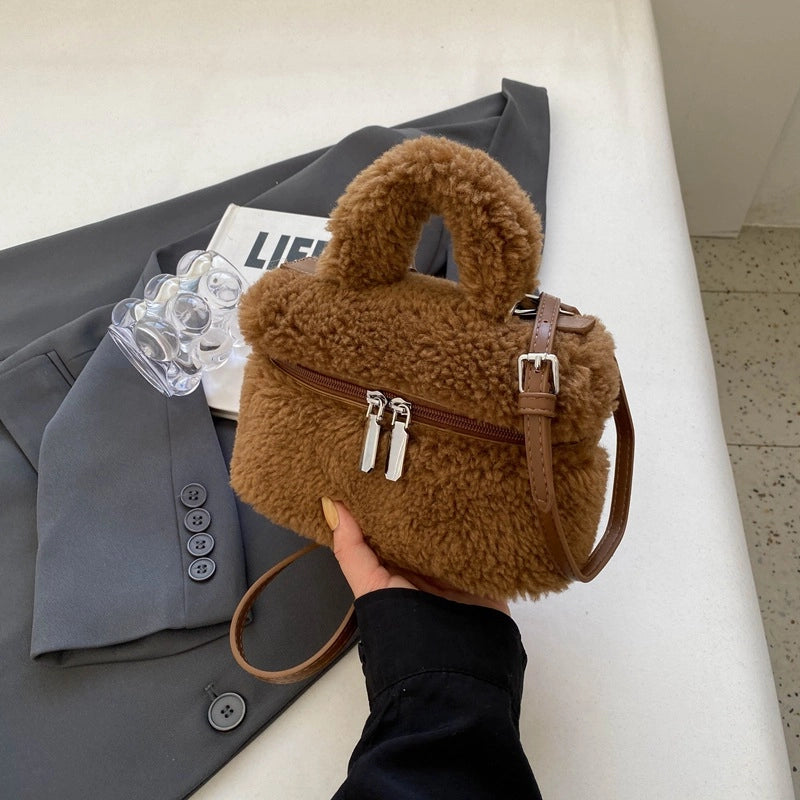 Women's Plush Solid Color Cute Square Zipper Shoulder Bag Handbag Crossbody Bag
