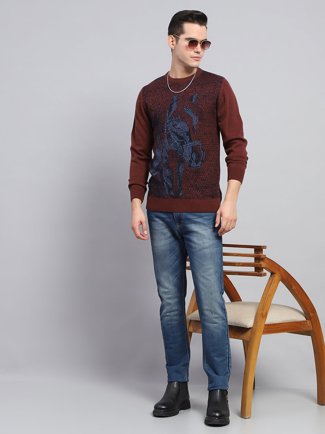 Men Maroon Self Design Round Neck Full Sleeve Pullover