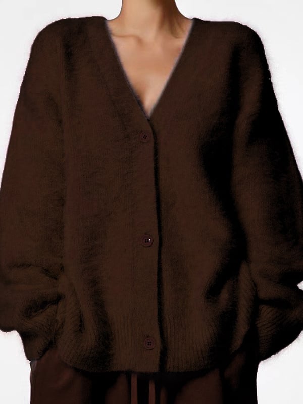 Long Sleeves Loose Buttoned Solid Color V-Neck Cardigan Tops