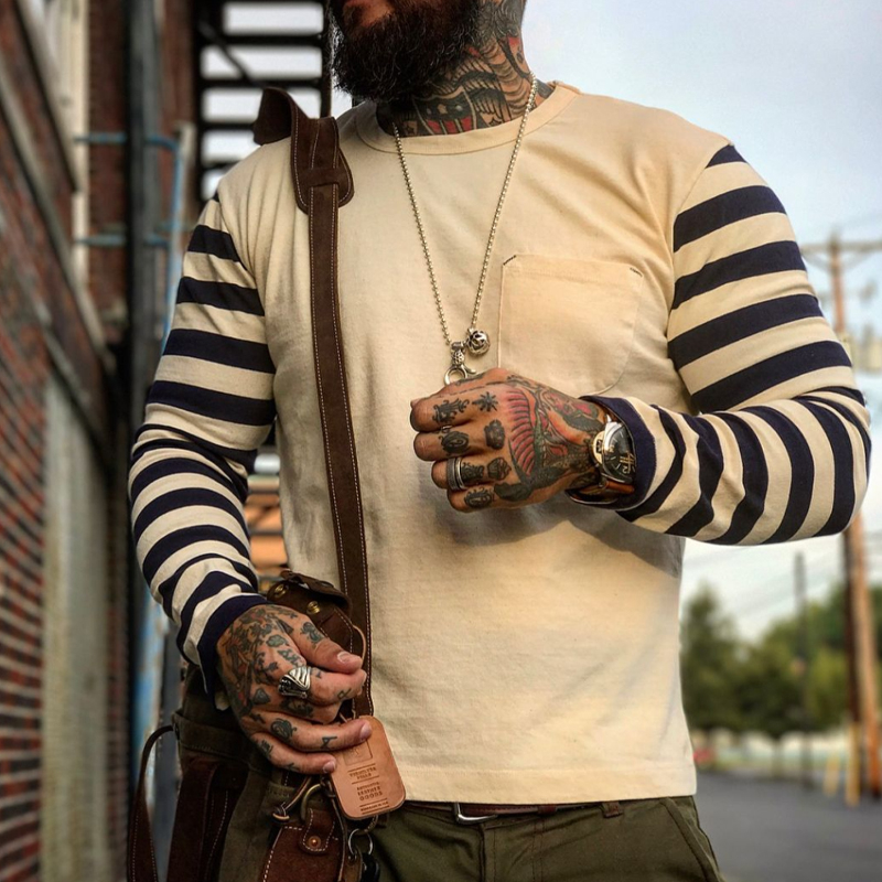 Retro patch pocket long sleeve Casual T-shirt