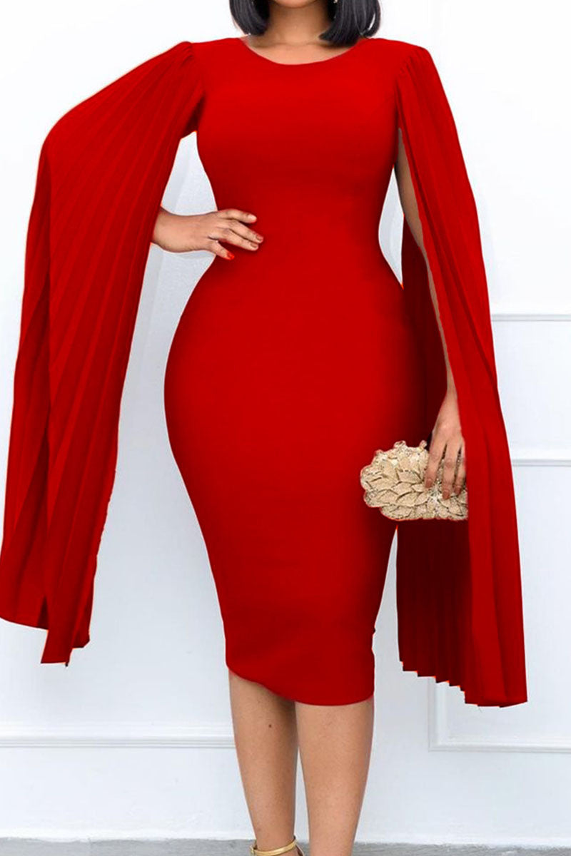 Elegant Solid Patchwork Fold Asymmetrical O Neck One Step Skirt Dresses
