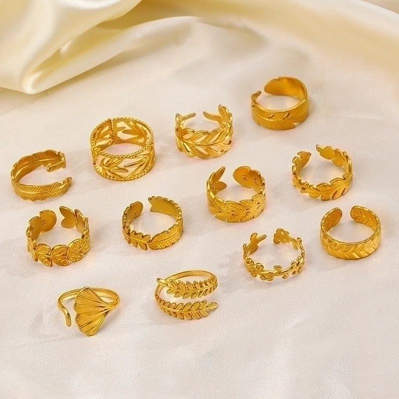 304 Stainless Steel 18K Gold Plated Minimalist Plating Leaf Open Ring