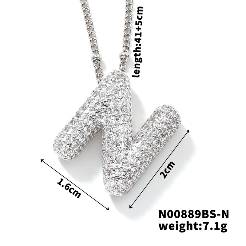 304 Stainless Steel Copper Rhodium Plated Three-dimensional Inlay Letter Zircon Pendant Necklace