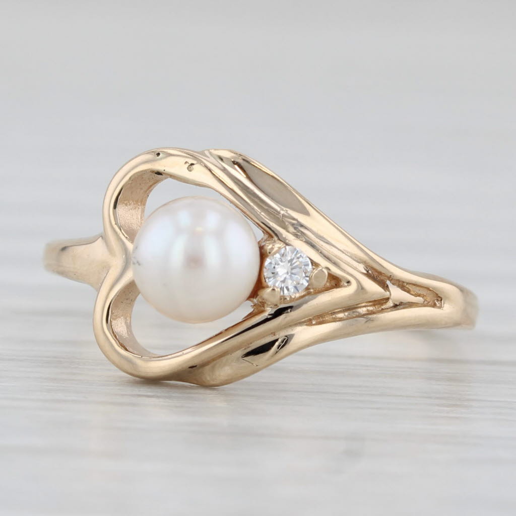 Cultured Pearl Diamond Heart Ring 14k Yellow Gold Size 5.5
