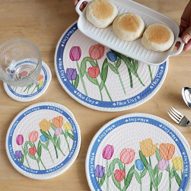 Sweet Place Mat Tulip Printed Cotton Rope Woven Table Top Mat Heat Insulation Mat Coaster
