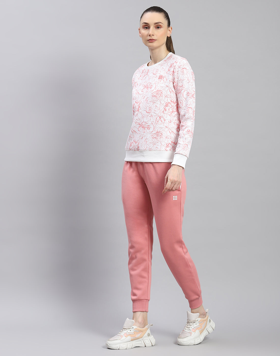 Women Pink Printed Round Neck Full Sleeve Tracksuit