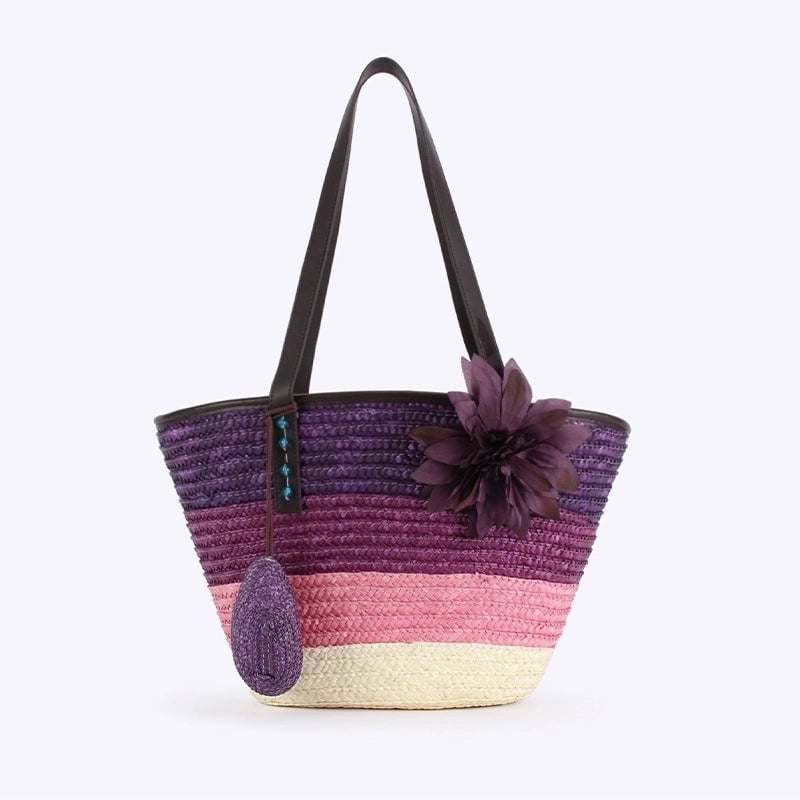 Women's Large Straw Color Block Vacation Beach Weave Bucket Zipper Beach Bag