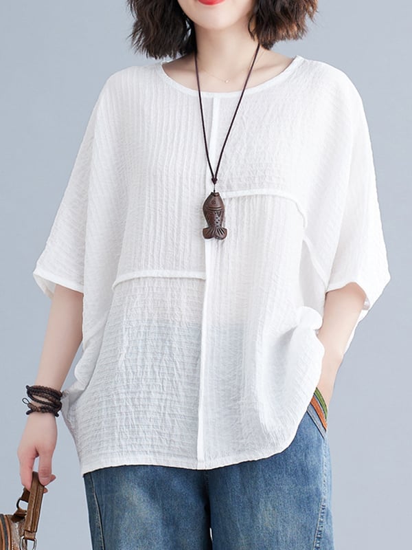 Batwing Sleeves Loose Solid Color Split-Joint Round-Neck T-Shirts Tops