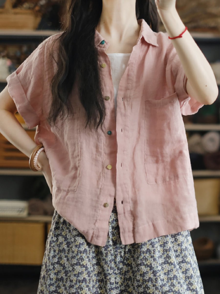 Women Summer Pure Color Turn-down Collar 100%Linen Shirt