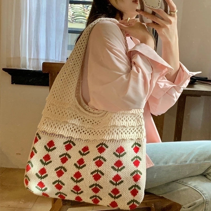 Women's Medium Knit Flower Vintage Style Weave Open Shoulder Bag