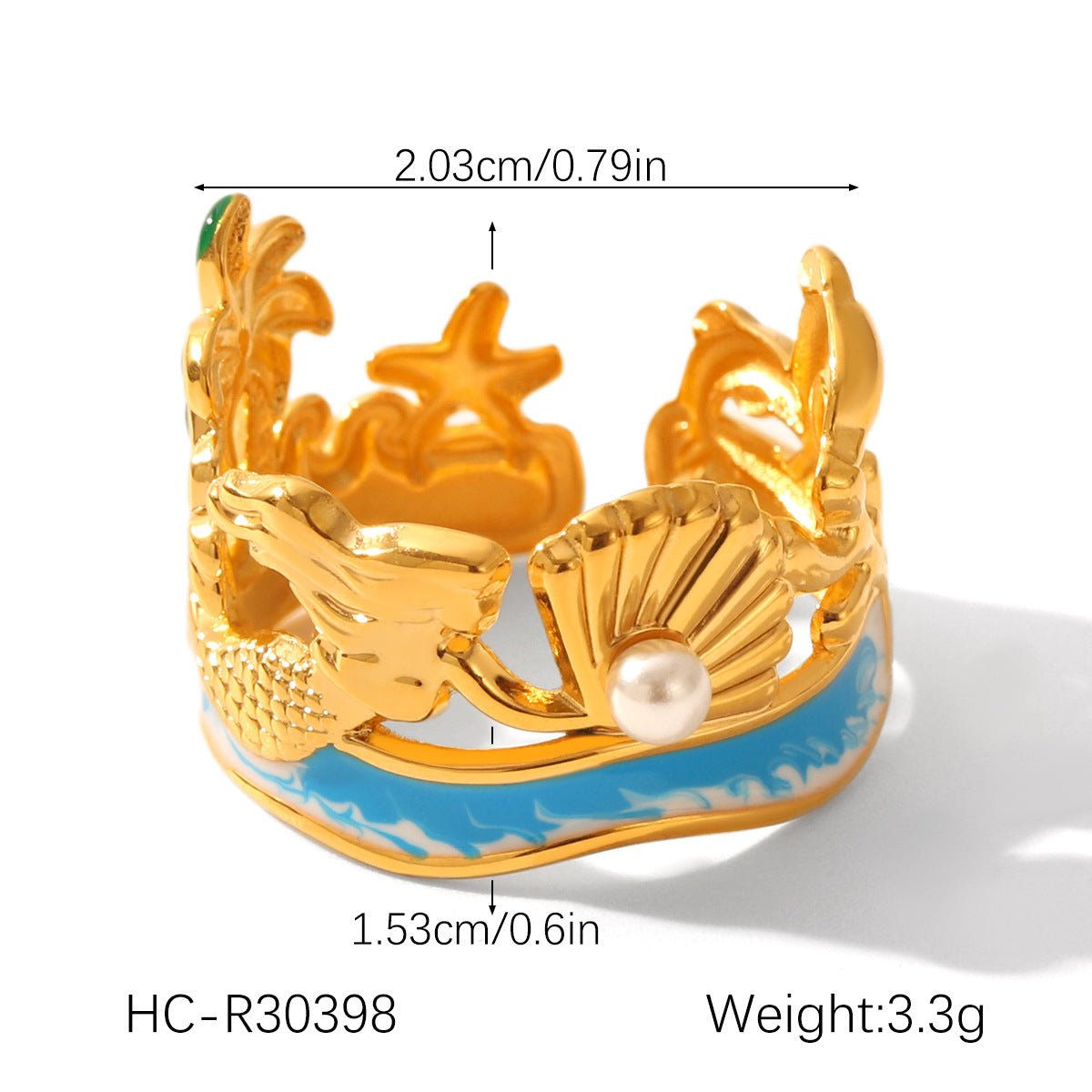 Ocean Style Mermaid Pearl Shell Oil Drop Ring Stainless Steel Gold-Plated Open Ring Design Hand Jewelry