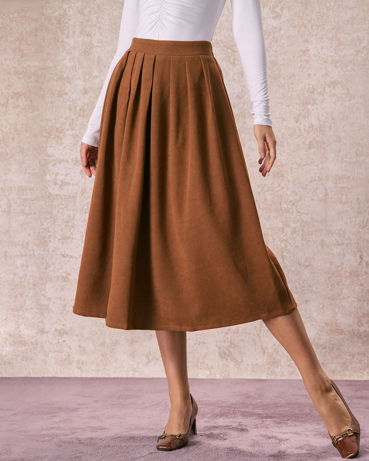 The Brown Elastic Waist Pleated Midi Skirt