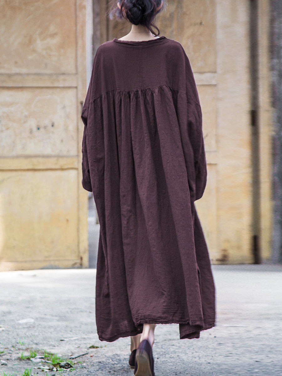 Women Vintage Pure Color Loose Cotton Linen Dress
