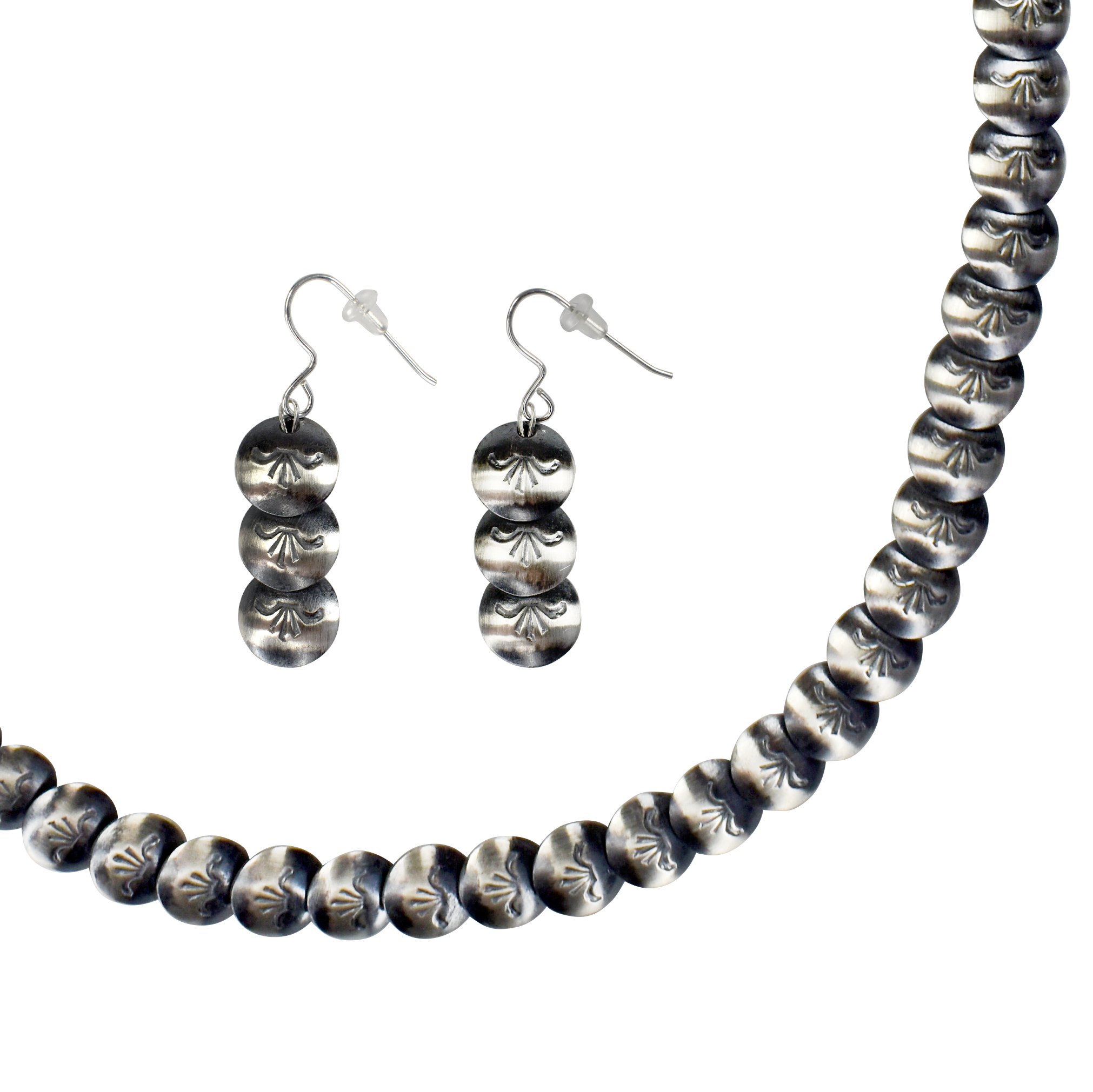 Etched Sterling Silver Bead Necklace & Earring Set